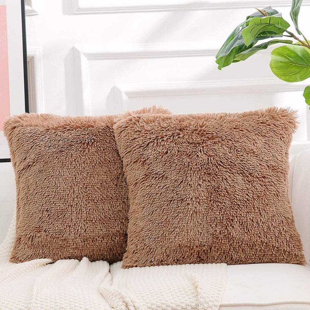 Tan/Khaki Luxury Furry Faux Fleece Pompom Cute Dorm Throw Pillow Decor Cover Set - Picture 1 of 8